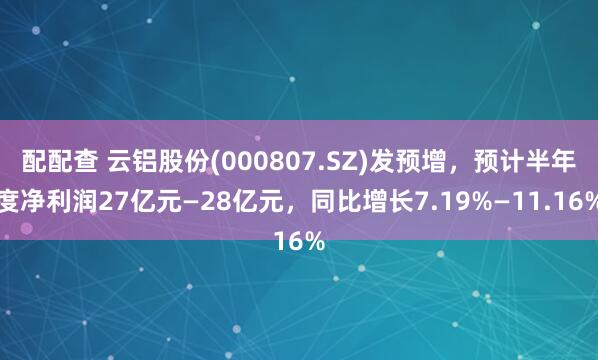 配配查 云铝股份(000807.SZ)发预增，预计半年度净利润27亿元—28亿元，同比增长7.19%—11.16%