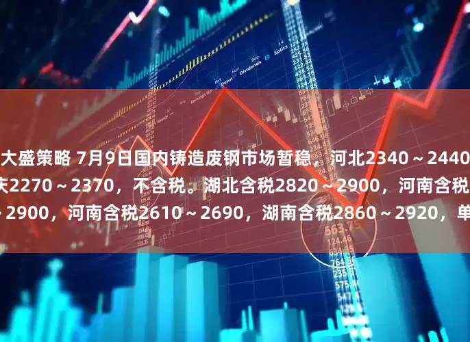 大盛策略 7月9日国内铸造废钢市场暂稳，河北2340～2440，天津2530～2580，重庆2270～2370，不含税。湖北含税2820～2900，河南含税2610～2690，湖南含税2860～2920，单位：元/吨。